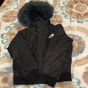 The North Face Kids Charcoal Puffer Jacket with Faux Fur Hood